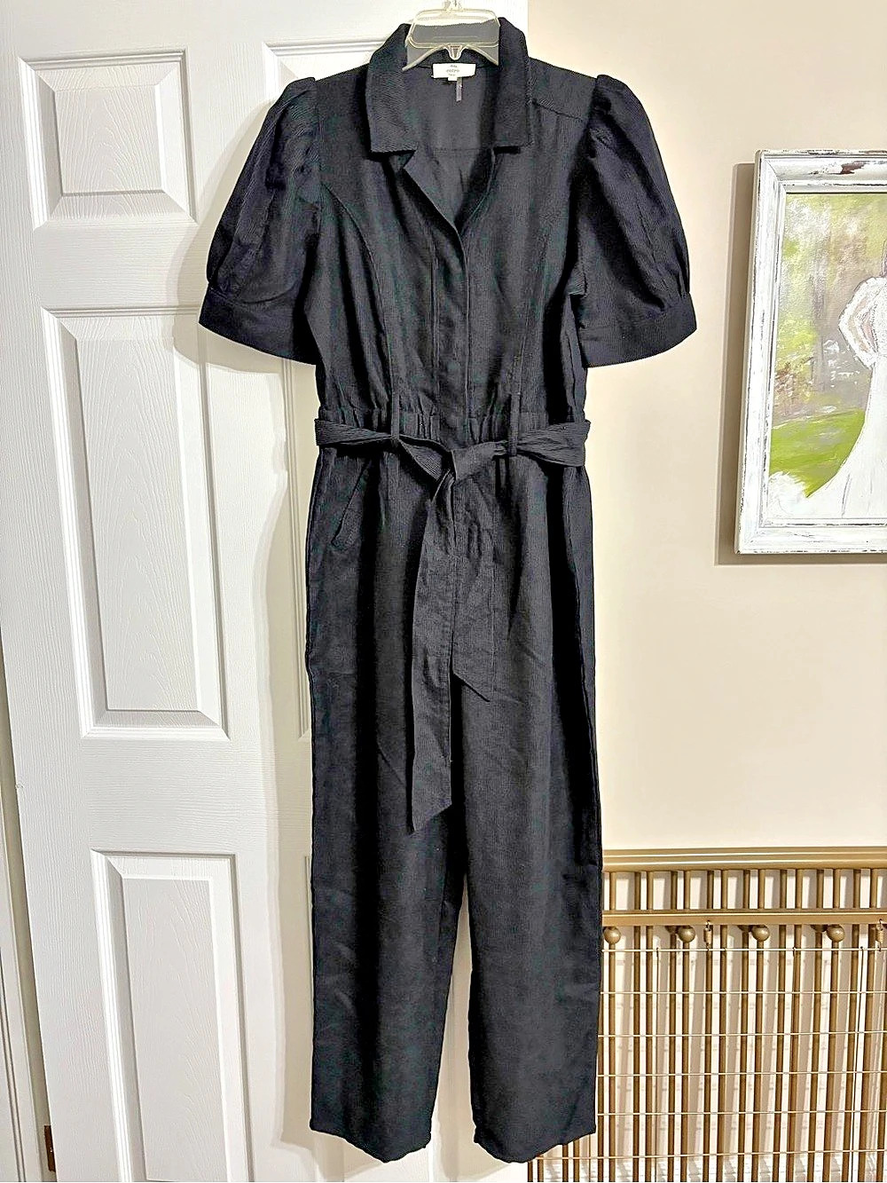 Entro Black Pleated Corduroy Puff Sleeve Belted Wide Leg Jumpsuit Size L